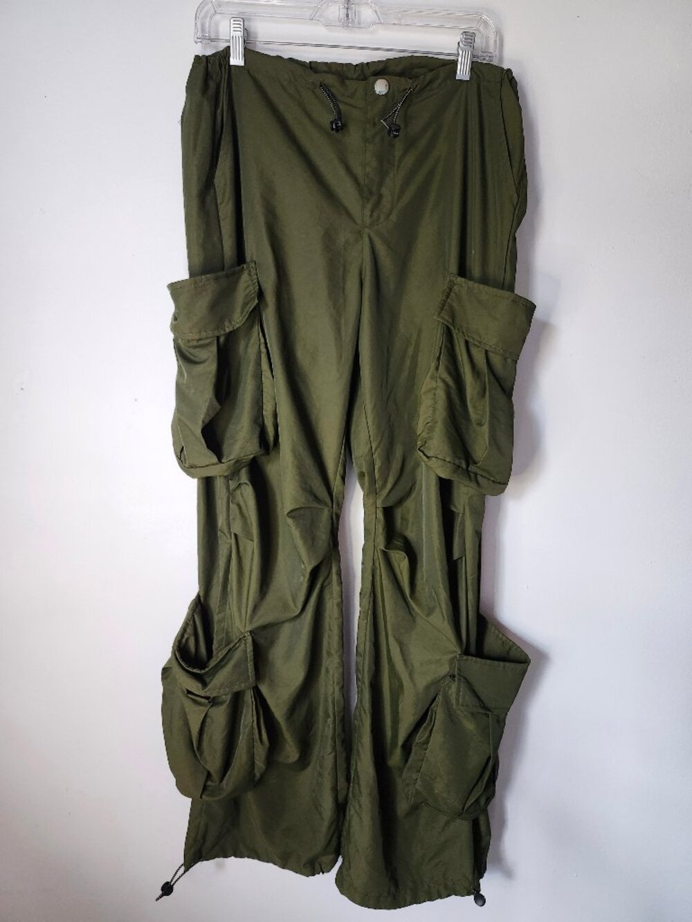 Army Olive Green Wide Leg Cargo Drawstring Pocket Windbreaker Pants